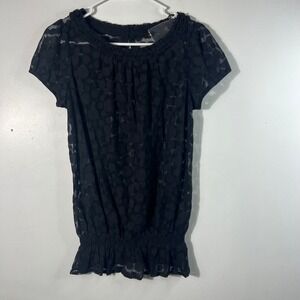 Womens The Limited Sheer Polka Dot Cap Sleeve Blouse Cinched Bottom Black S NWT